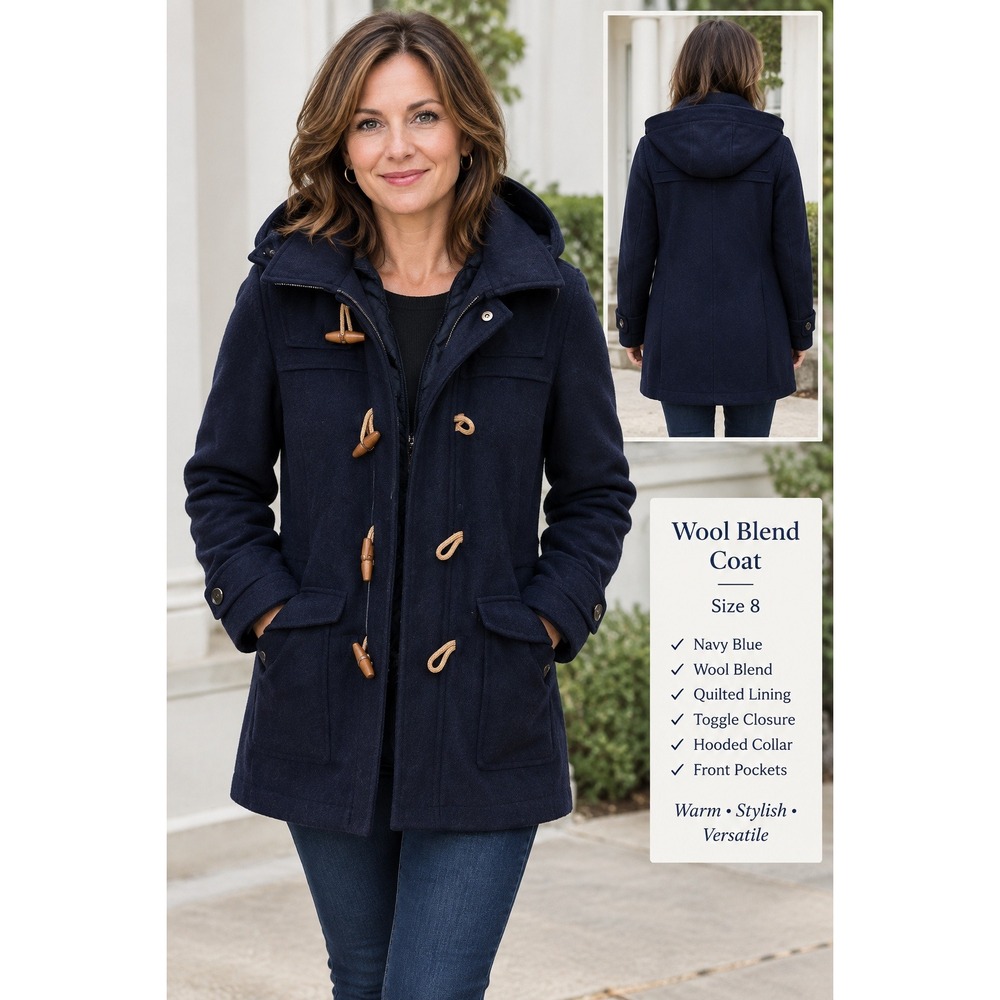 Claiborne Navy Blue Wool Blend Hooded Duffle Coat Toggle Zip Front Jacket Medium